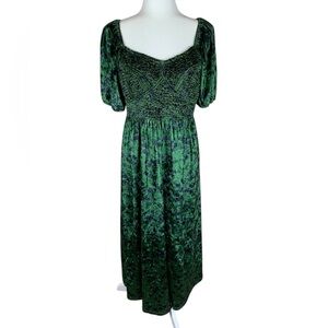 Exclusive Piper & Scoot Green Floral Velour Short Puff Sleeve Smocked Dress L